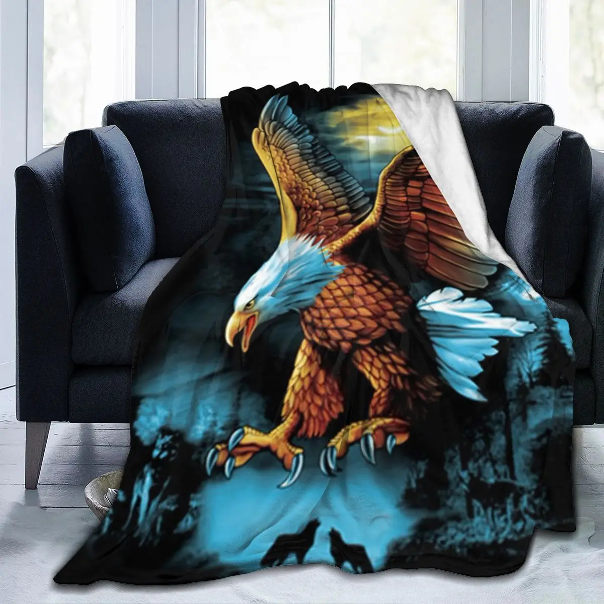 

New fashion 3D printing plush blanket printing flannel bed linen soft blanket retro square picnic soft blanket Eagle