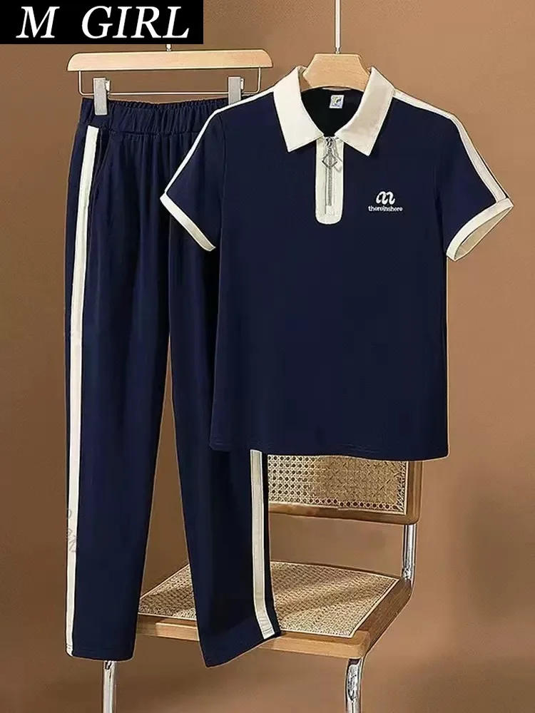 

M GIRLS Summer Short Sleeved T Shirts Two-Piece Set For Women 2023 New Fashion Running Tracksuit Female Casual Tops Wide Leg Pan