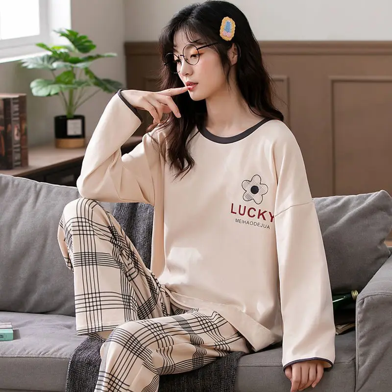 Autumn Sleep Lounge Pajama Long Sleeved Top Polka Dots Women Pajama Sets Cartoon Pyjamas Cotton Sleepwear Women M L XL XXL XXXL