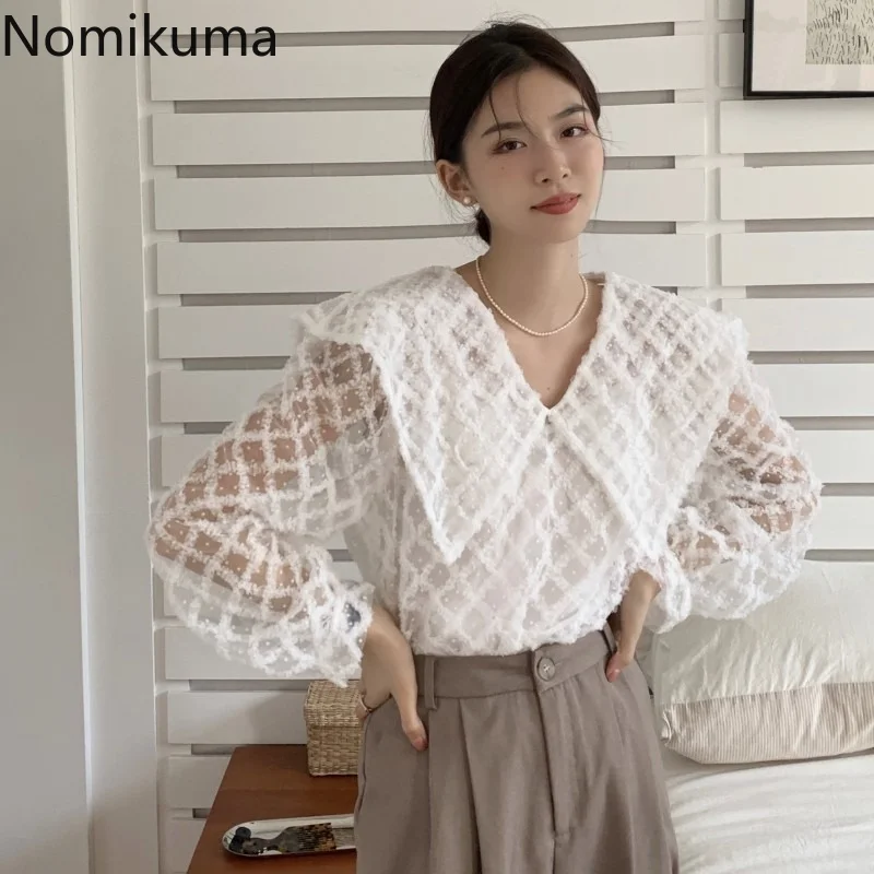 

Женские рубашки Nomikuma с рукавами-фонариками, кружевные, марлевые, лоскутные, с вырезами, романтичные, в стиле ретро, темпераментные Топы для ж...