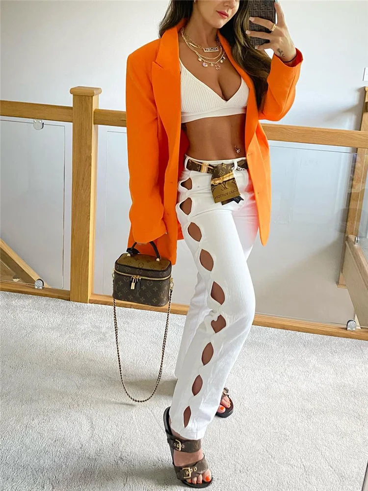 

Woman Sexy White Hollow Out Straight Pants 2022 Spring Female High Street Ripped Pant Girls Y2k High Waisted Trousers