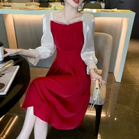 dresses for women 2022 autumn new elegant fashion clothing chiffon patchwork beading pullover flare sleeve solid black red 2948