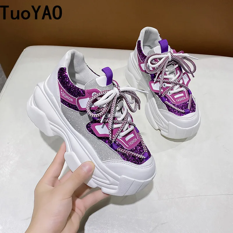 

Women Bling Platform Sneakers Ulzzang Breathable Leather Chunky Shoes Lace-up Sport Vulcanized Shoes Female Casual Shoes 7CM NEW
