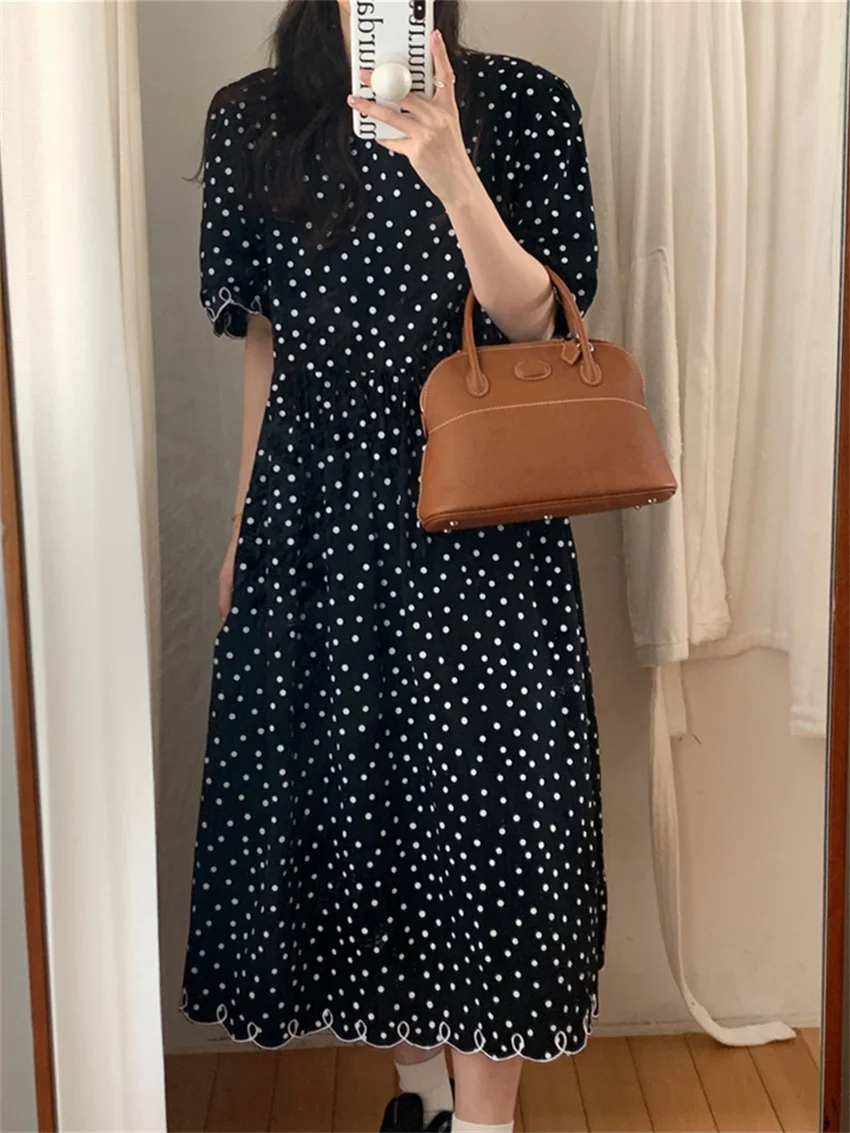 

Alien Kitty Puff Sleeve Polka Dots Women Dress Vintage Chic New 2022 Summer A-line Office Lady Retro Casual Hot Loose Slim