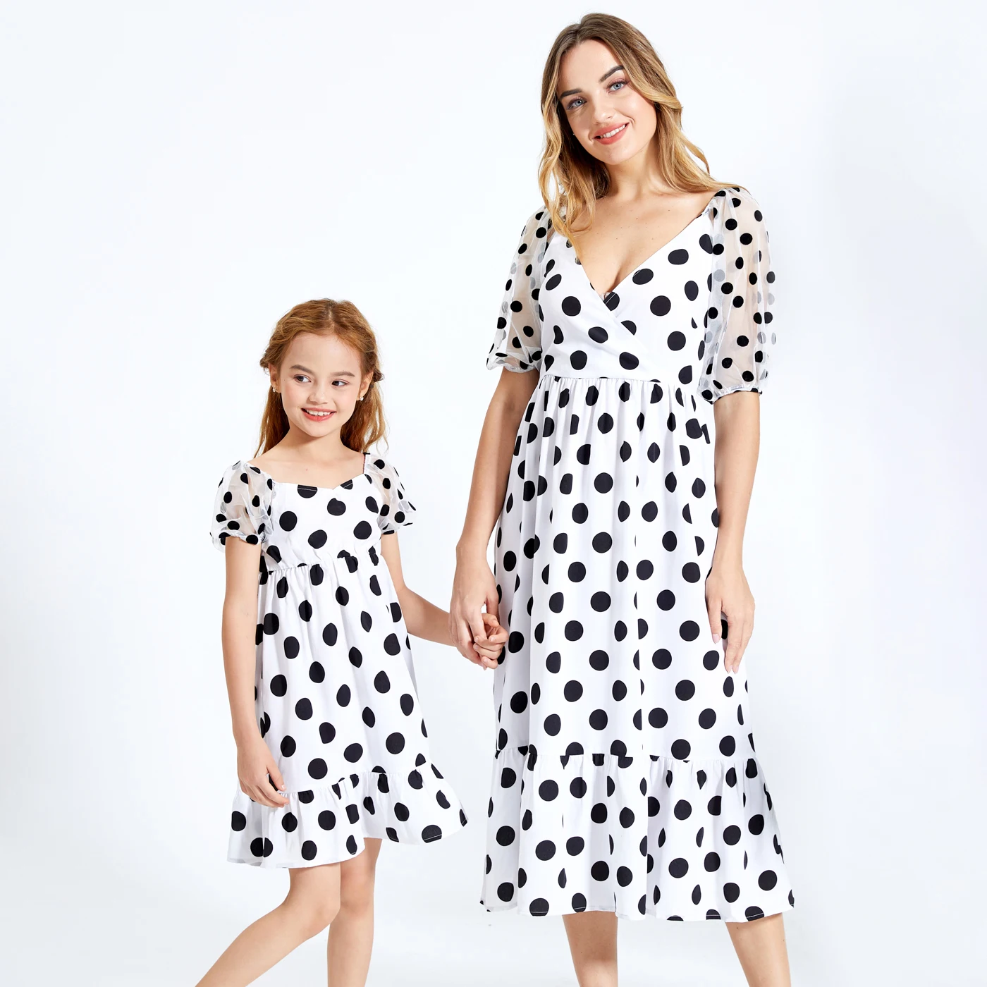 

PatPat Black & white Polka Dot Cross Slant V-neck Mesh Puff Sleeves Ruffle Skirt Matching Midi Dresses for Mother and Daughter