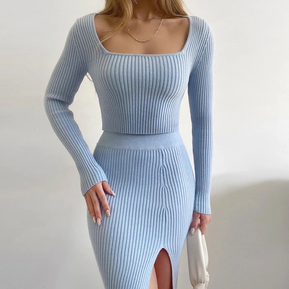 

Wepbel Sexy Women Dress Sets Slim Long Sleeve Two-Piece Set Short Tops Solid Color Long Sleeve Two-Piece Set Pencil Skirts Sets
