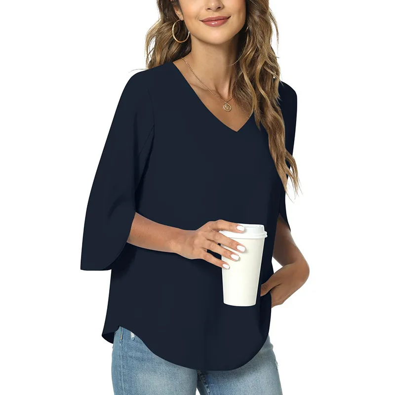 

New Style Summer v-neck short style blouse loose t-blood female pure cotton t-shirt black