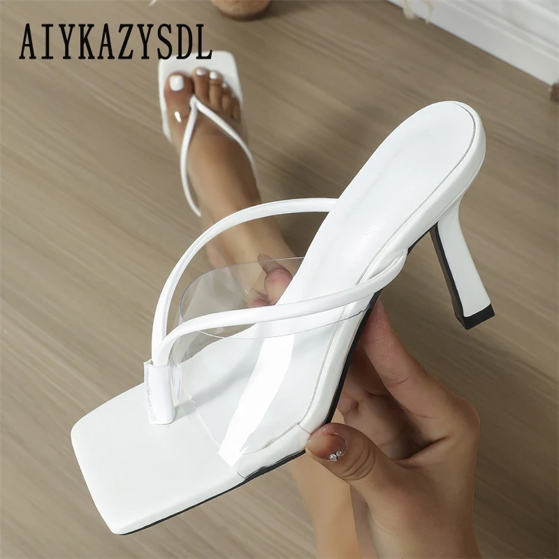 Прозрачные прозрачные сандалии AIYKAZYSDL из ПВХ в стиле пэчворк с застежкой на носок, шлепанцы, мюли на высоком каблуке, белые летние туфли Прозрачные прозрачные сандалии AIYKAZYSDL из ПВХ в стиле пэчворк с застежкой на носок, шлепанцы, мюли на высоком каблуке, белые летние туфли