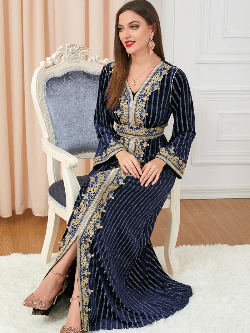 Elegant Dresses For Women Velvet Floral Embroidery Guipure Lace Panel Belted Kaftan Saudi Women's Jalabiyat Pakistan Robe Winter