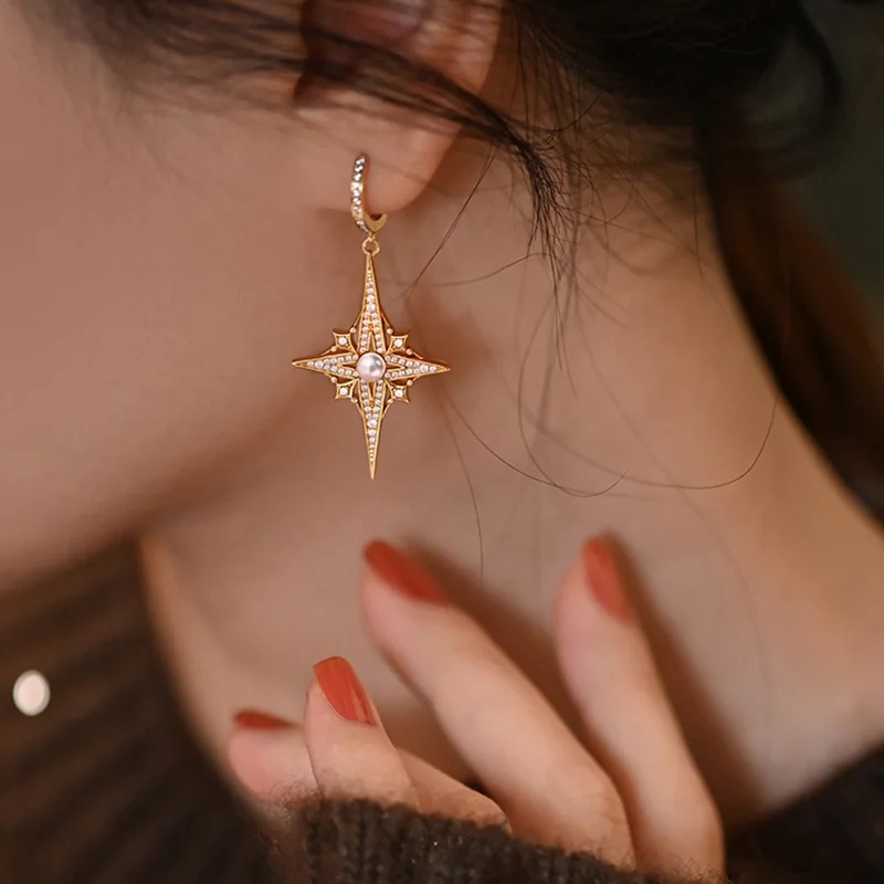

Four wild star fashion ol geometric hexagon star advanced design sense French temperament Pearl Earrings Free shipping goods