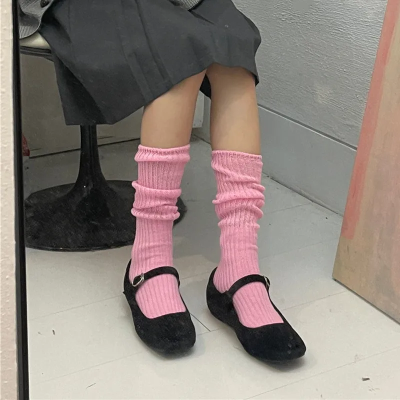 

Matte Pink Cotton Knitting Long Socks Stockings Autumn Winter Warm Knees Socks Japanese Fashion School Girl Crew Socks Stockings