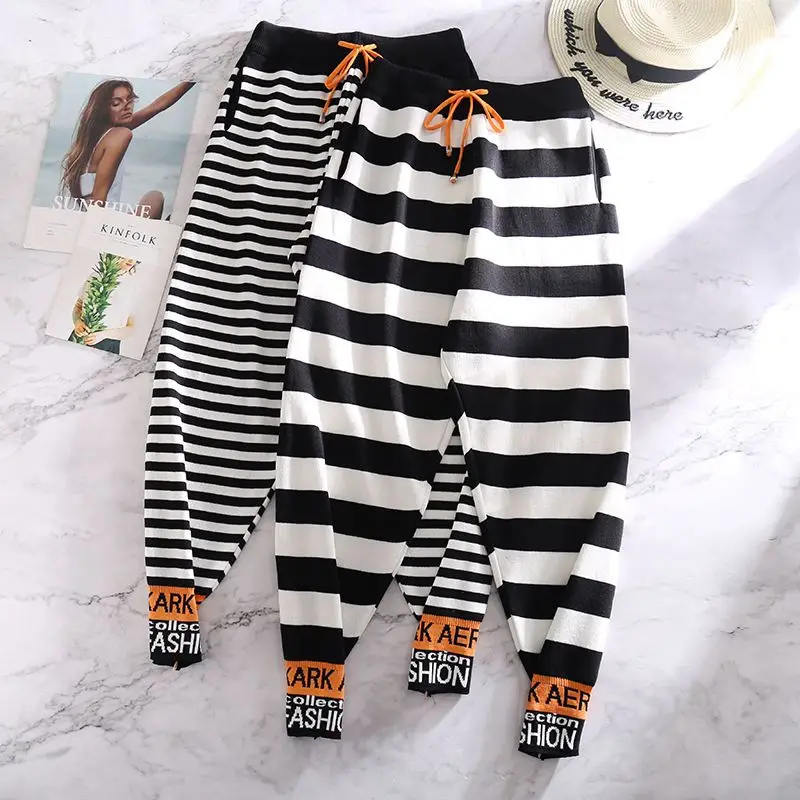 

2023 new mesh red contrast striped knit pants Korean version slim and versatile leggings Haren pants