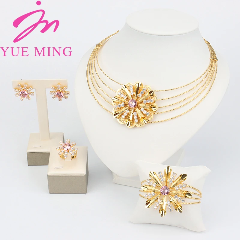 

Модные Ювелирные наборы для женщин, комплект свадебных ювелирных изделий из Дубая с золотым покрытием, ожерелья, серьги, Женские Ювелирные ...