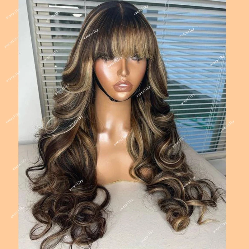 

Highlight Blonde Brown Fringe Wigs Glueless Body Wave Human Hair With Bangs HD Transparent Lace 360 Frontal Remy 13X6 Front Hair