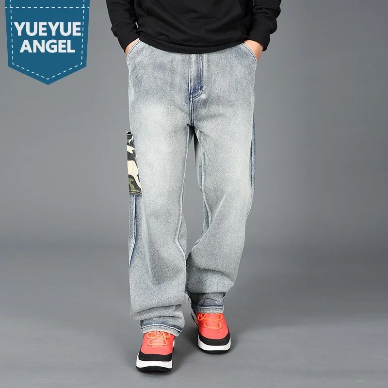 Spring New Mens Loose Fit Straight Denim Hip Hop Harem Casual Streetwear Jeans Big Size 46 Pocket Cowboy Cargo Pants