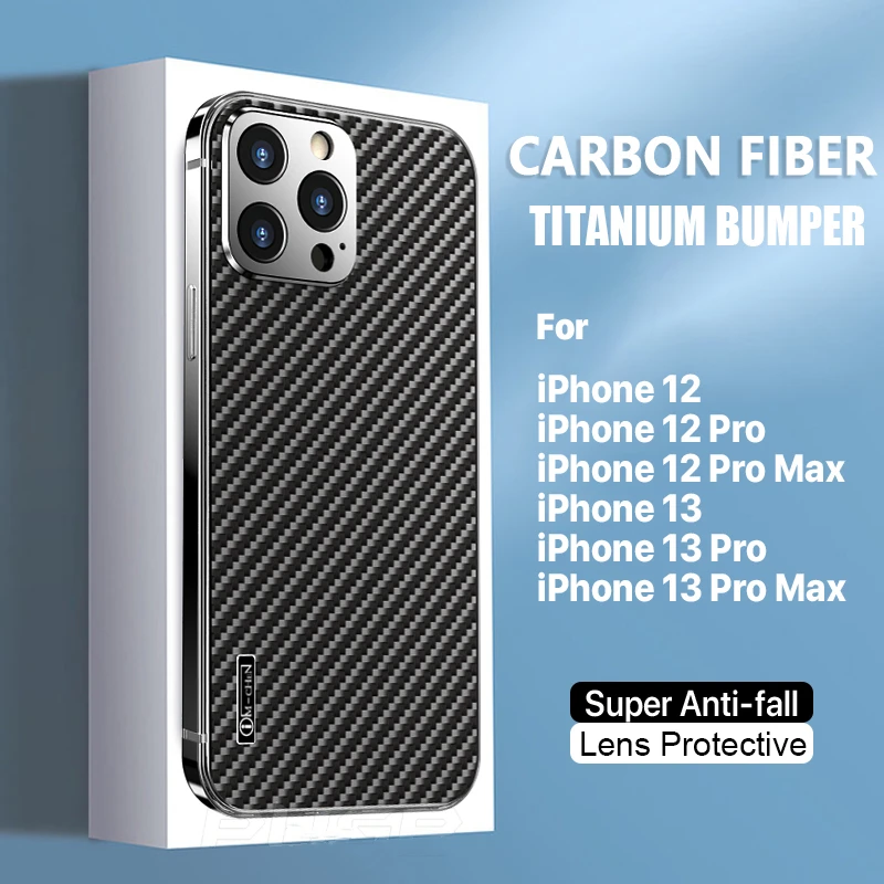 

Luxury Carbon Fiber Texture Titanium Metal Bumper Case for iPhone 12 13Pro Max Shockproof Ultrathin Camera Lens Protection Cover