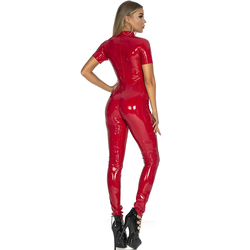

Sexy Shiny PVC Tights Wetlook Patent Leather Bodysuit Women Short Sleeve Zipper Glossy Catsuit Porn Jumpsuit Bar Erotic Clubwear