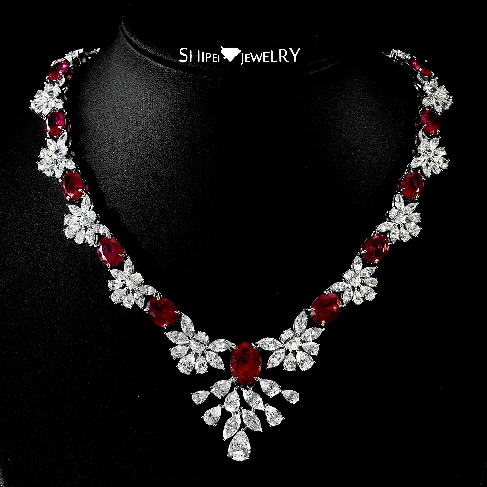 

Shipei Luxury 925 Sterling Silver 6.5CT Ruby Created Moissanite Gemstone Pendant Necklace For Women Anniversary Fine Jewelry