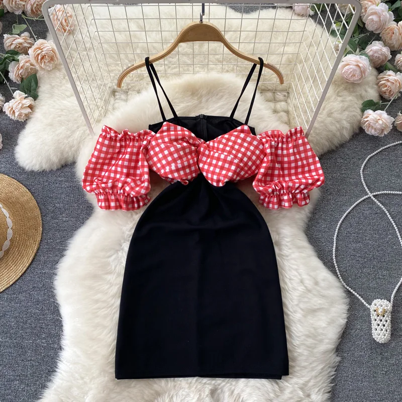 

Nightclub Women's New Fashion Summer Deep V-neck Plaid Short Sleeve High Waist Slim Sexy Short Dress Casual Vestidos G637