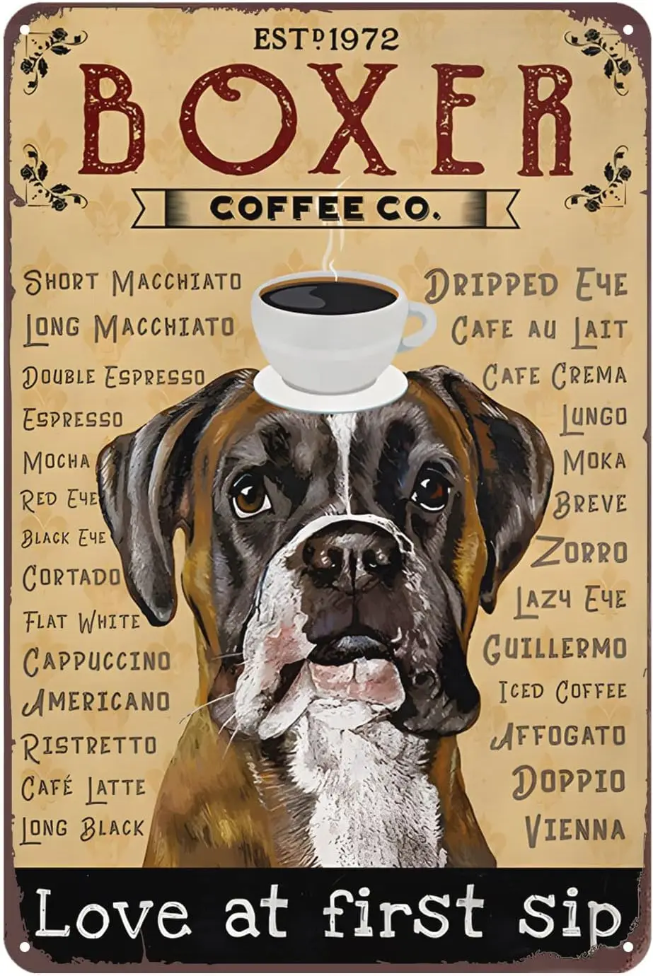 

Винтажный жестяной знак, боксерская собака, любовь на первом глотке, Ретро Декор, металлический знак для дома, кухни, бара, кафе, клуба, пещера, Настенный декор, жестяная собака