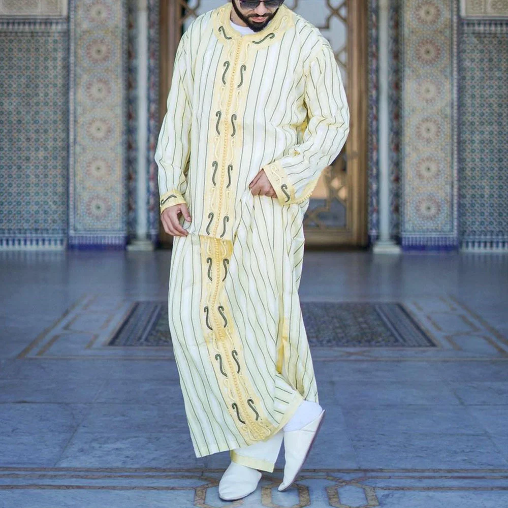 Abaya For Men Long Arab Islam Pakistan Robe Early Autumn Muslim Long Sleeve Splice Robe Loose Islamic Moroccan Clothing Man