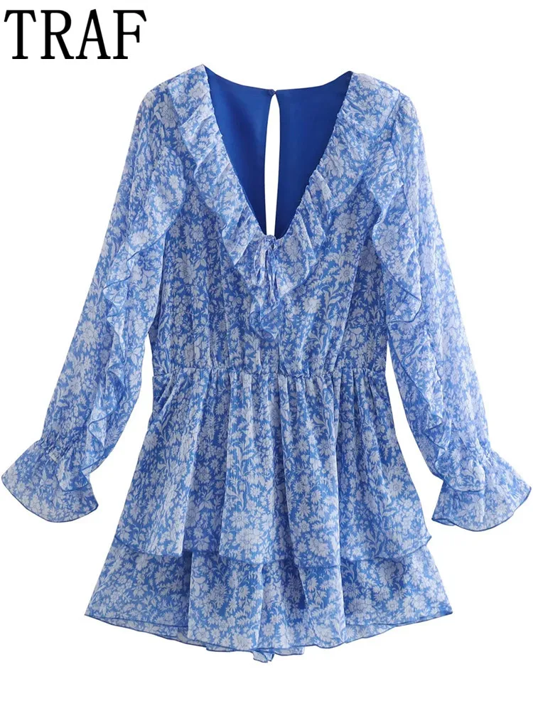 

TRAF 2022 Blue Floral Jumpsuit Women Ruffle Woman Short Playsuit Back Opening Elegant Jumpsuits Vintage Long Sleeve Rompers