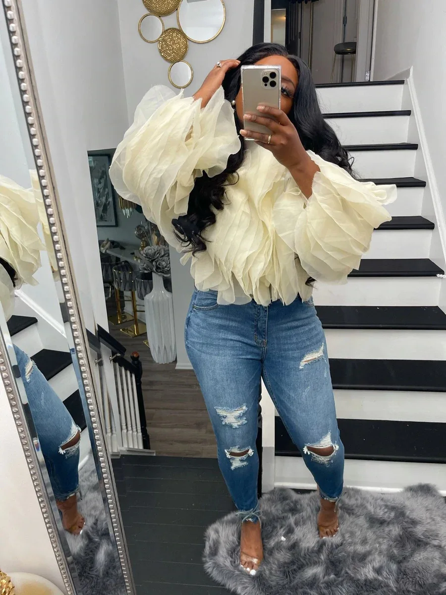 Женская шифоновая плиссированная блузка с рукавами-лепестками и буффами - купить