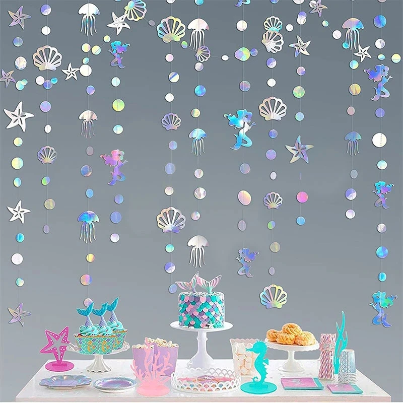 

2/1P 4.5m Mermaid Colorful Laser Garland Hanging Starfish Jellyfish Paper Banner Under The Sea Mermaid Birthday Party Decoration