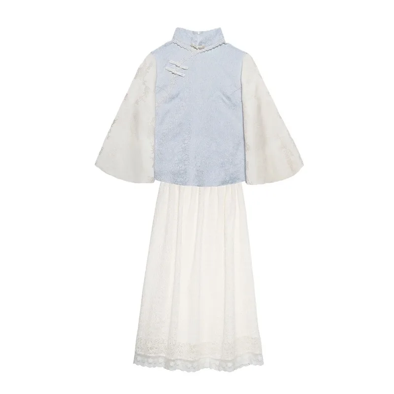 Осенний китайский стиль синий топ с вышивкой и большим рукавом белая кружевная