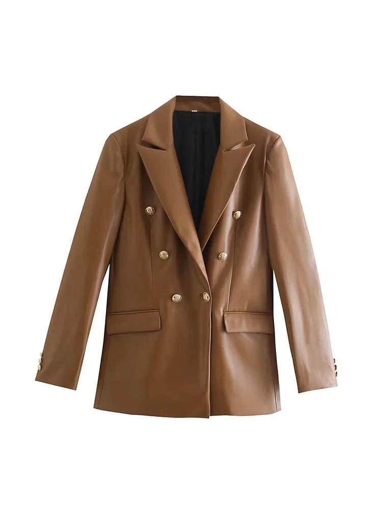 

BM&MD&ZA Women 2022 New Fashion imitation leather Slim fit Blazer Coat Vintage Long Sleeve Pockets Female Outerwear Chic