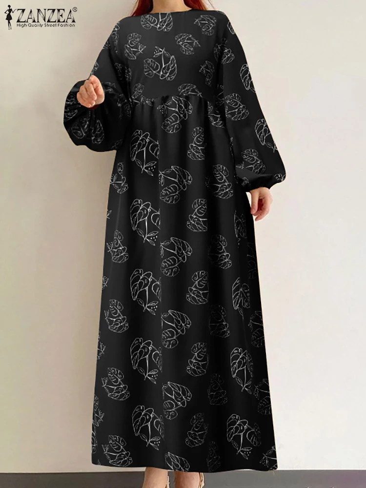 

ZANZEA Women Fashion Long Robe Plant Printing Autumn Gathers Puff Sleeve Dresses Casual Loose Oversize Rond Neck Maxi Dress