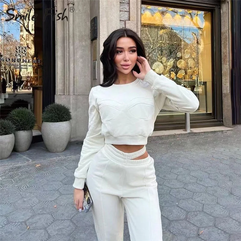 

Облегающие теплые зимние укороченные толстовки и длинные брюки 2022, спортивные костюмы, женский комплект из двух предметов, сексуальные жен...