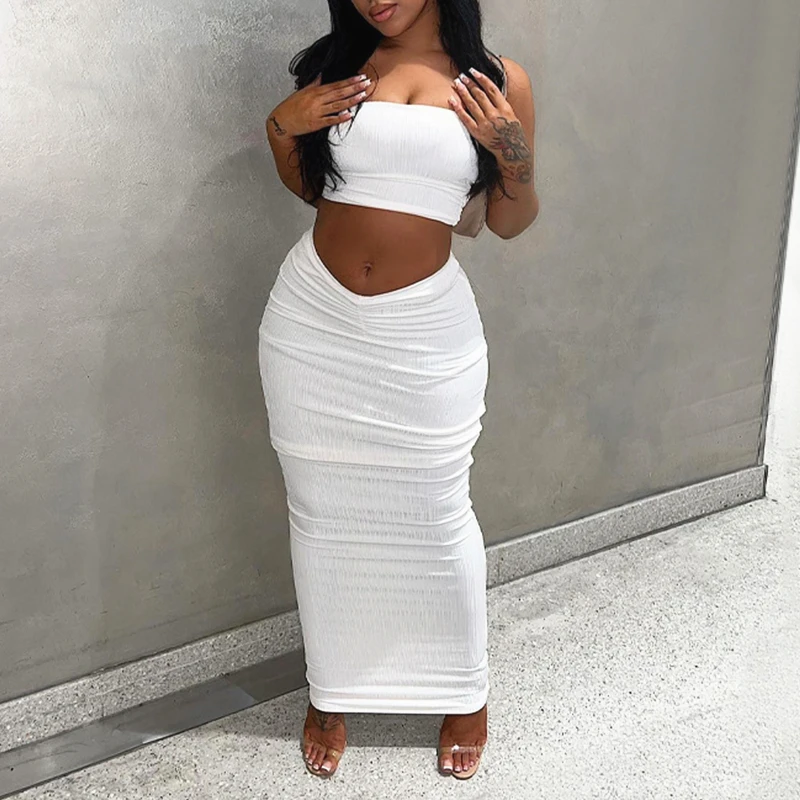 

Летний женский летний однотонный топ без бретелек с открытой спиной, длинная юбка с рюшами, вечерние ная женская уличная одежда с высокой та...