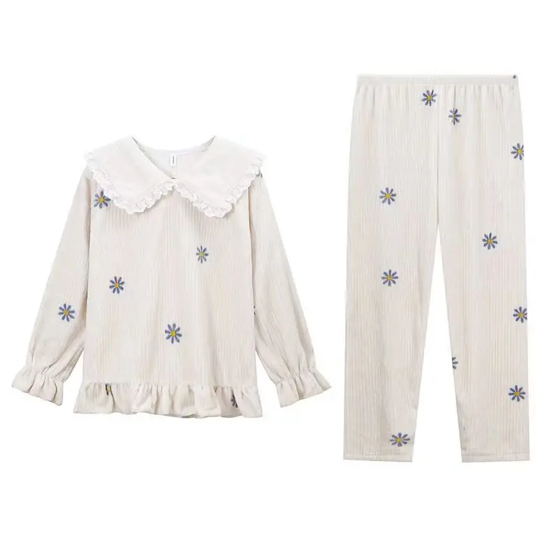 Coral Fleece Pajamas Sets For Women Autumn Winter Thick Warm Sweet Cute Sleepwear Flannel Lounge Wear Coral Velvet Home Clothes