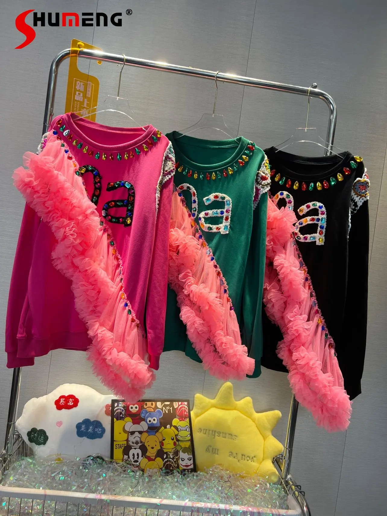 

Women 2022 Autumn Winter New Thai Fashion Mesh Stitching Sweatshirt Ladies Sweet Elegant Patchwork Loose Long Sleeve Hoodie Top