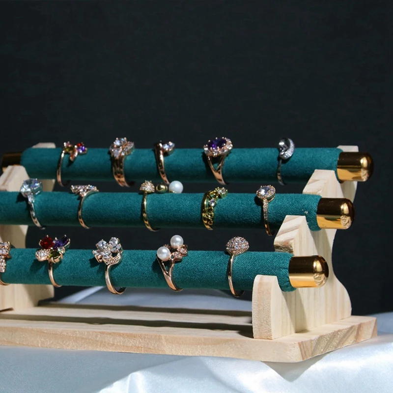 2X 3-Tier Wooden Jewelry Display Stand Ring Holder, T-Bar Jewelry Showcase Display Stand And Organizer Green