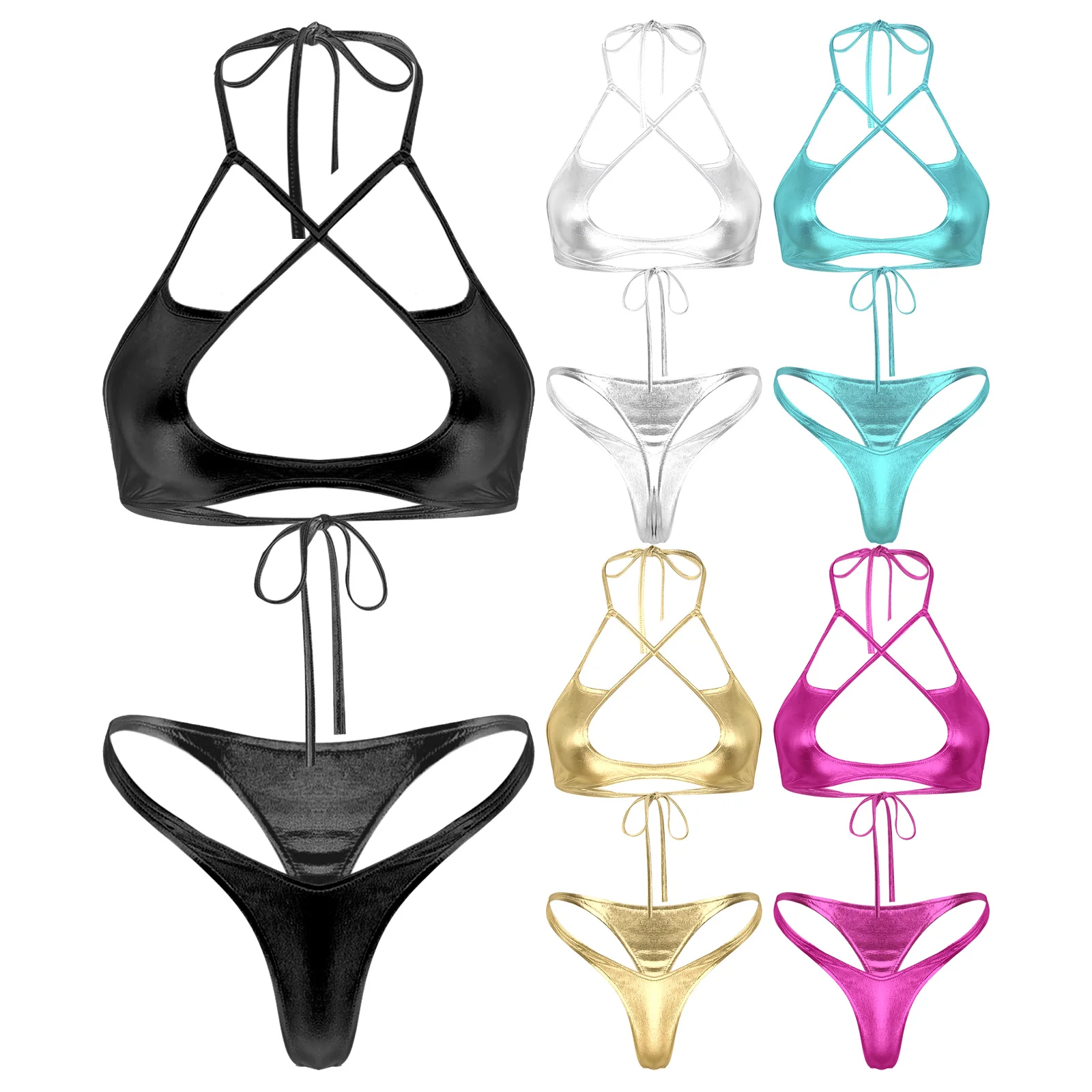 

Women's Sexy Bikini Sets Shiny Metallic Swimsuit Swimwear Two-pieces Bra Top with Thongs Bathing Suits Hollow Out Lingerie Sets