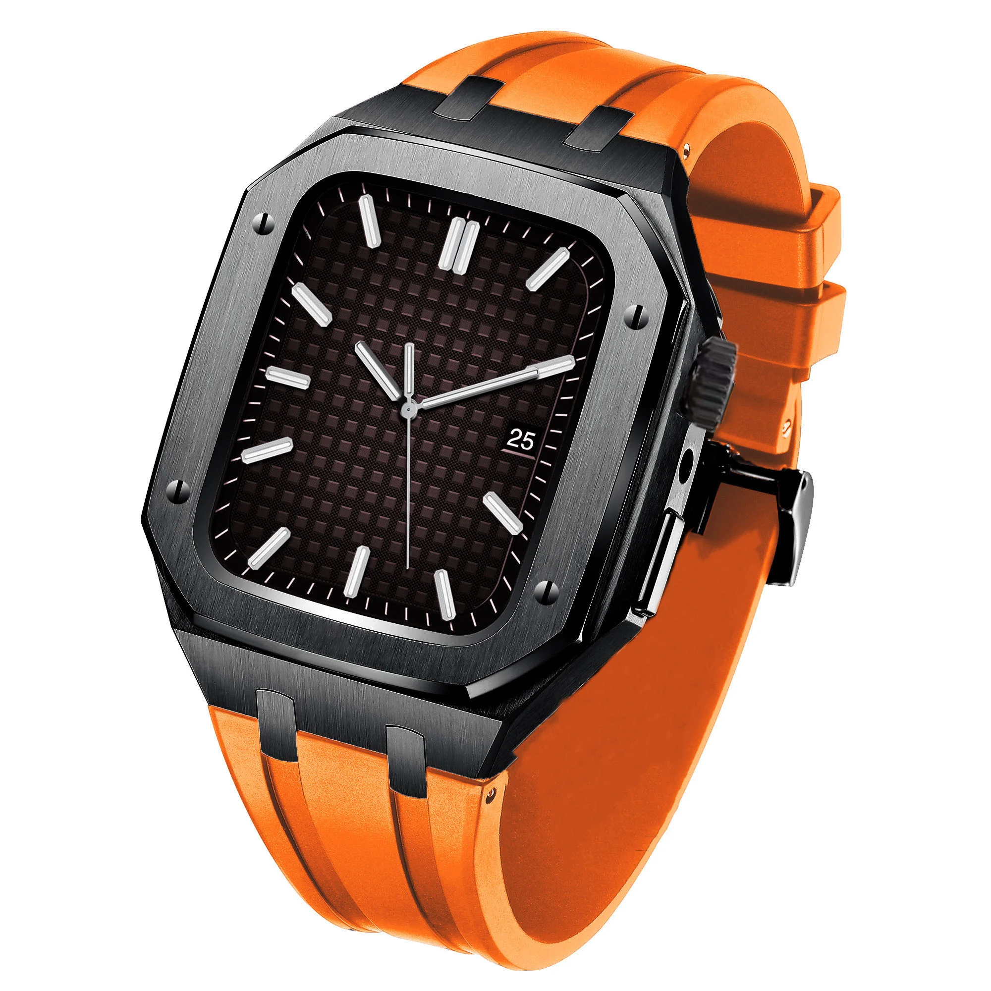 Metal Case for Apple Watch Band 45mm 44mm Rubber & Leather Watchband for IWatch Series 7 6 5 4 3 SE Correa DIY Modification Kit