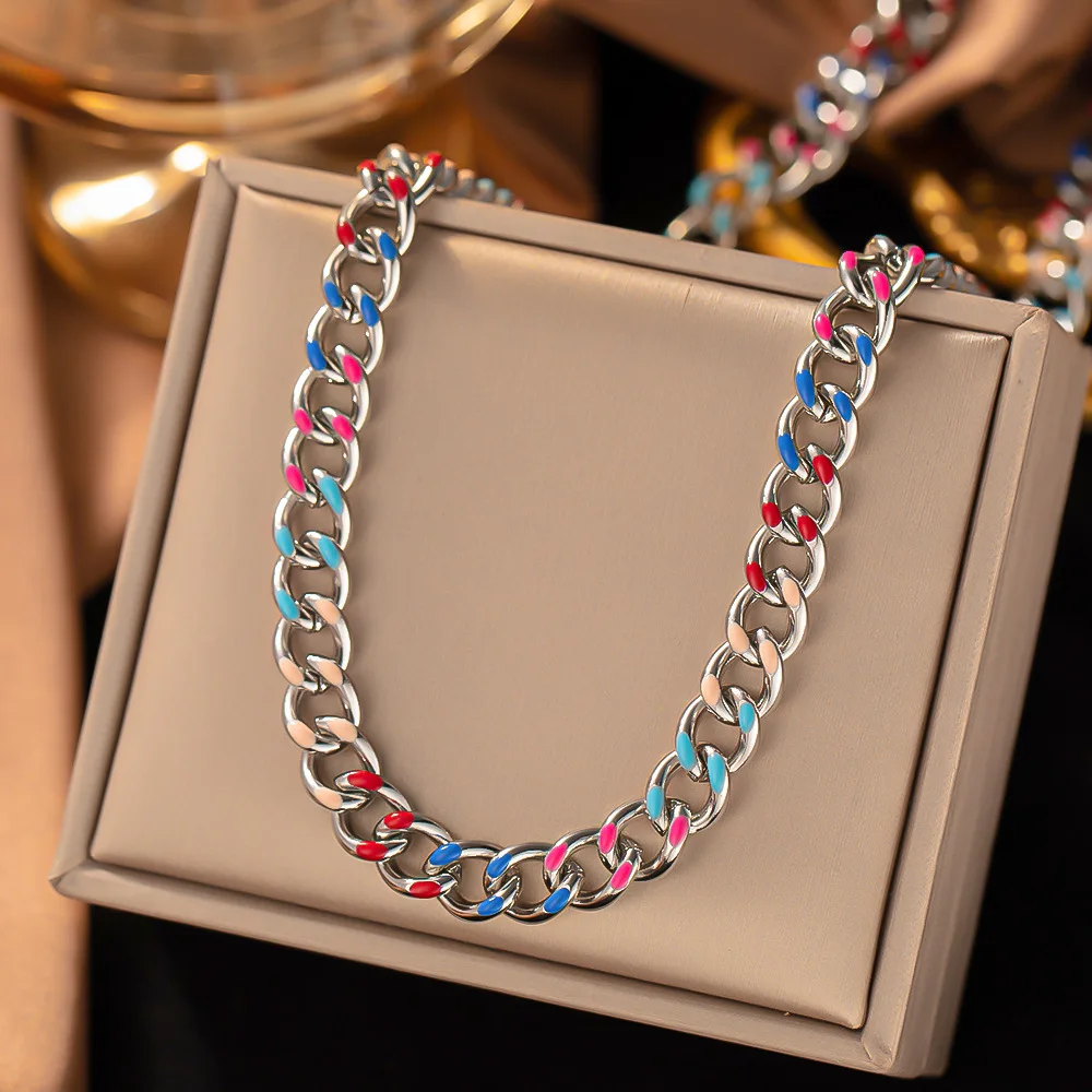 SITA 316L Stainless Steel Cuban Chain Hip Hop Enamel Color Dripping Oil Necklace Bracelet for Women Jewelry Party Wedding Gifts