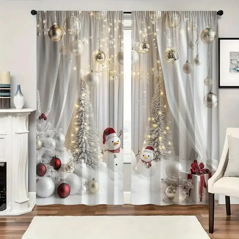 2 pieces - Christmas printed curtains with snowman and tree patterns, home decoration, room decoration