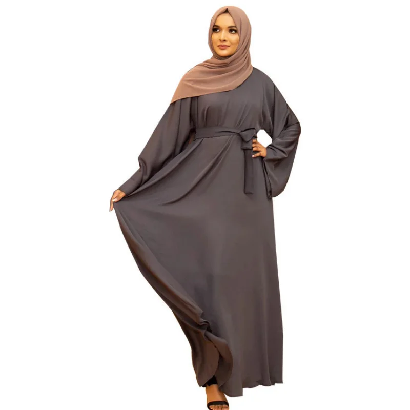2023 New Arrival Spring Summer Muslim Women Long Sleeve O-neck Polyester Solid Color Long Abaya Muslim Fashion Dress No Headtie