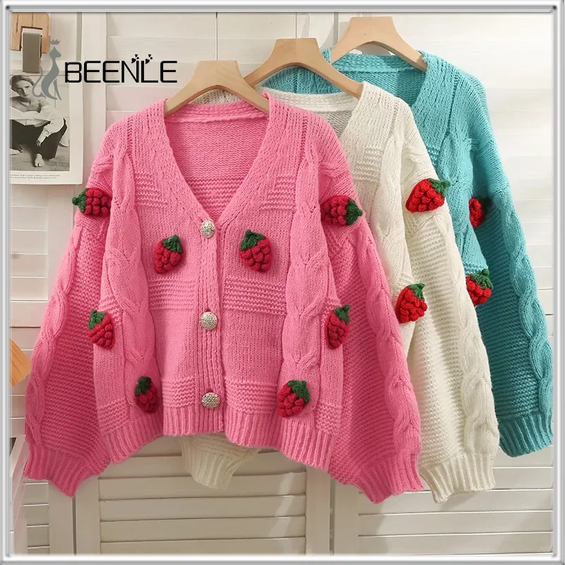 

BEENLE Woman Cardigan Spring Winter Loose Strawberry Print Knitted Sweater Sweety Grils Korean Fashion Coat Women Clothing