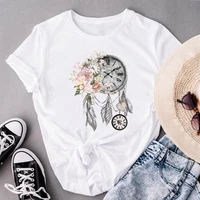 women vintage flower feather dream clothes print tops fashion lady short sleeve tees female summer tshirt graphic t shirt