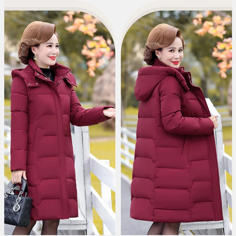 Middle-aged elderly mid-length over-the-knee cotton coat women's 2022 new down cotton coat mother clothing winter hooded clothes