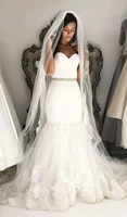 fashion sweetheart lace appliques mermaid wedding dresses sweep train button back robe de mariee bridal gowns with beaded belt