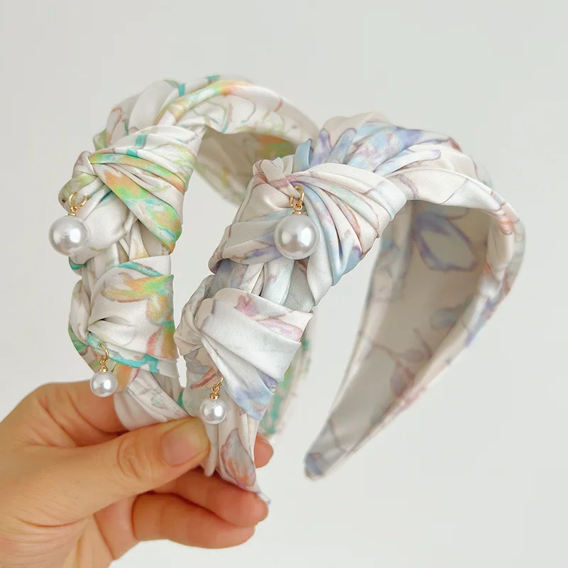 

New Design Pearl Tie Hair Bands Wide Fabric Headbands For Women Elegant Print Turban Hairbands High Quality Hair Accessories