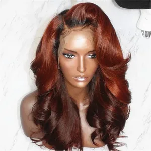 Orange Brown Body Wave Preplucked Soft 180%Density 26Inch Long Natural Hairline Glueless Lace Front Wig For Women Babyhair