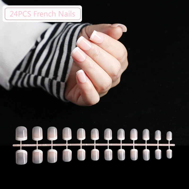 24Pcs/Set Acrylic Short Natural Nude White French False Nail Tips Full Cover Fake Nails Easy Wear for Home Office Wear images - 6