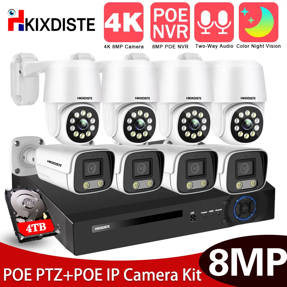 

HD 8MP 4K 8CH POE Security Camera System PTZ + POE IPC Outdoor Ai Human Detect Two Way Audio Video Surveillance NVR Camera Kit