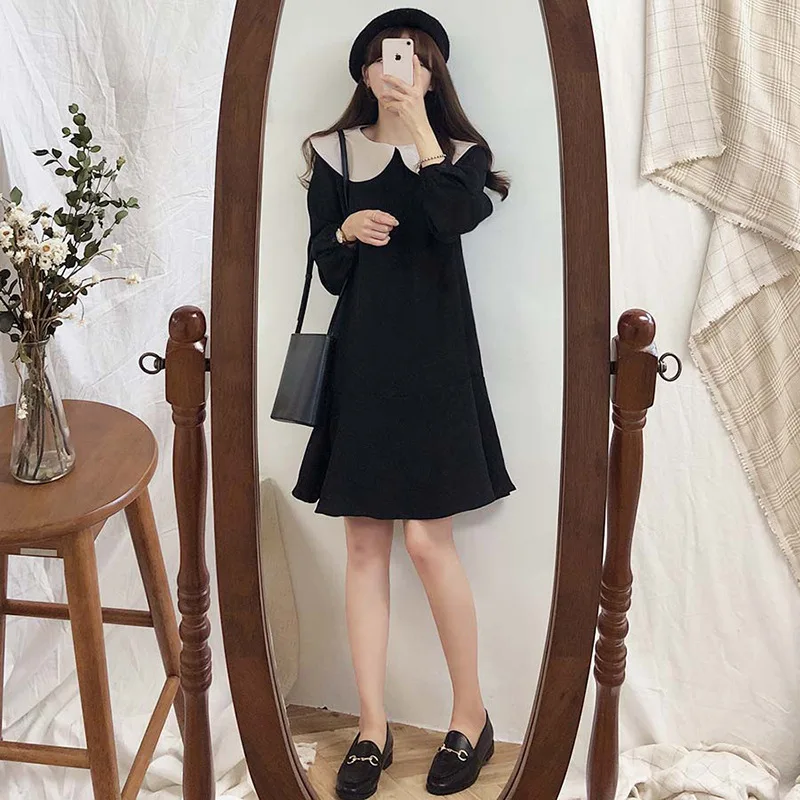 

2022 Spring & Autumn New Loose Thin Retro Color Matching Doll Collar Temperament Dress Casual Simple Women Dress Free Shipping